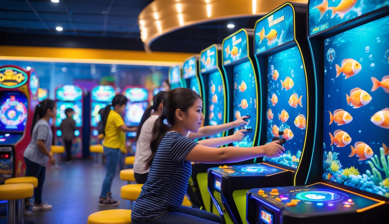 Orang-orang bermain mesin permainan tembak ikan di dalam arcade yang terang dan penuh warna.