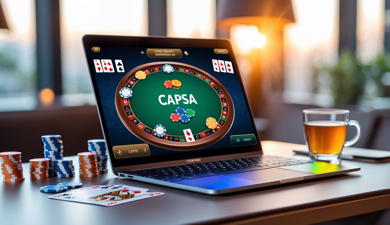 Seseorang sedang bermain permainan kartu Capsa secara online di depan komputer dengan tumpukan chip dan kartu di meja.