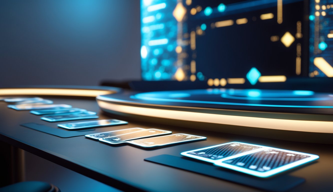 Meja permainan kartu digital modern dengan kartu yang bersinar dan latar belakang pola digital abstrak berwarna biru dan emas.
