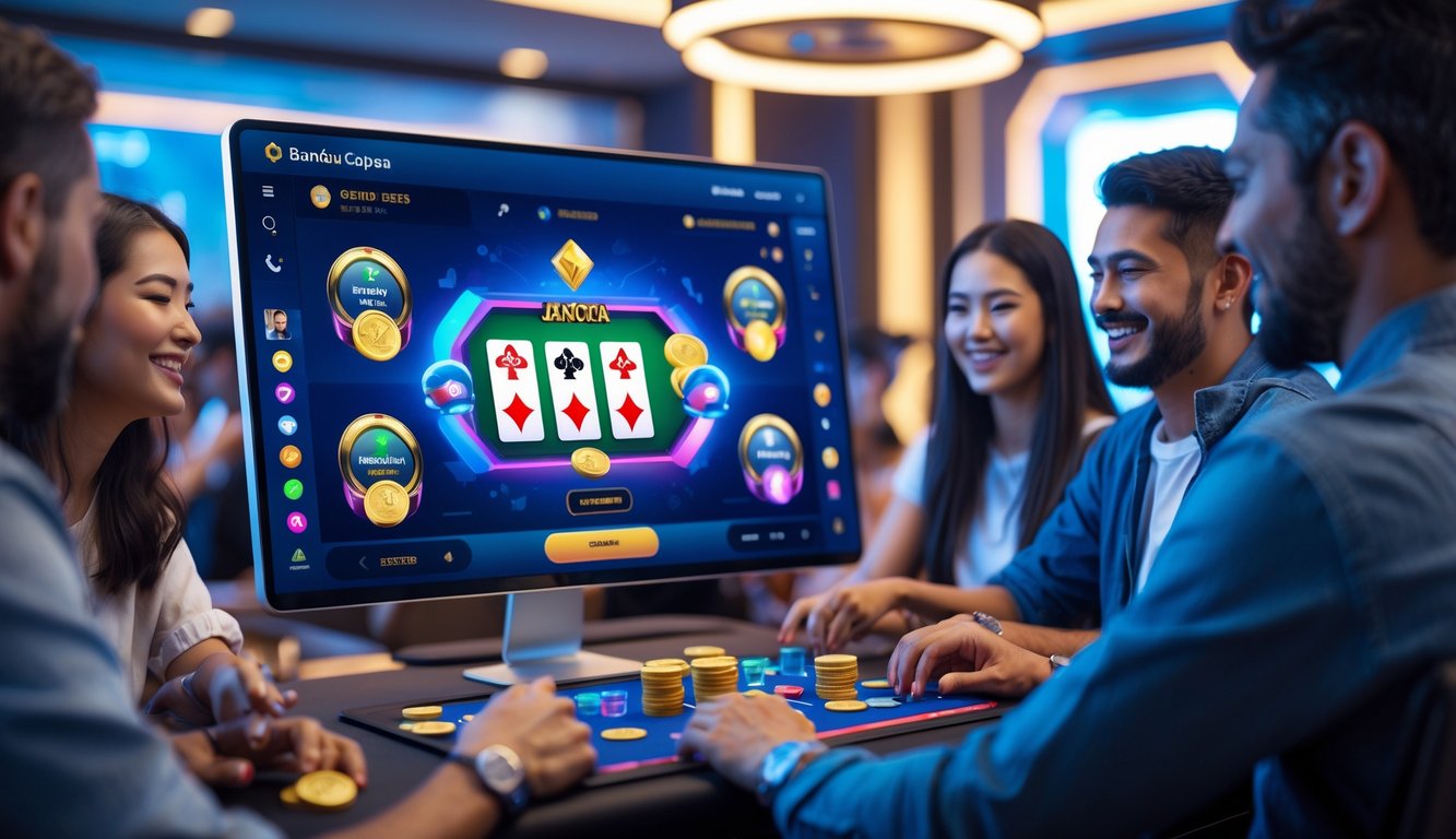 Orang-orang sedang bermain permainan kartu Bandar Capsa di perangkat digital dalam ruangan yang nyaman dan terang.