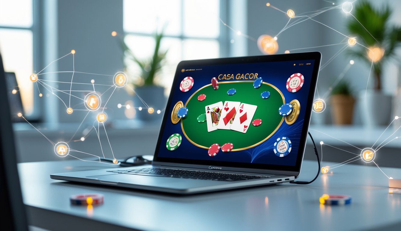 Seorang pengguna bermain permainan kartu Capsa Gacor secara online di depan laptop di ruang kerja modern.