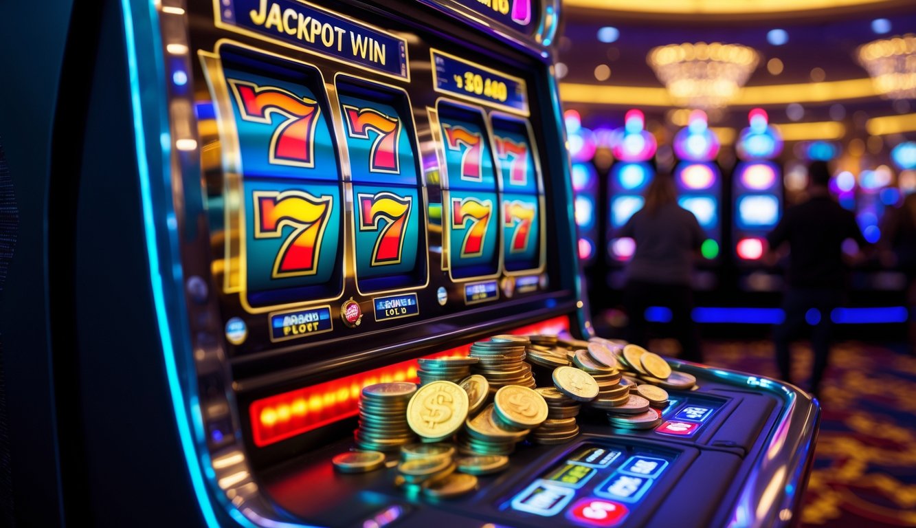 Mesin slot kasino modern dengan koin yang melimpah menandakan kemenangan jackpot.