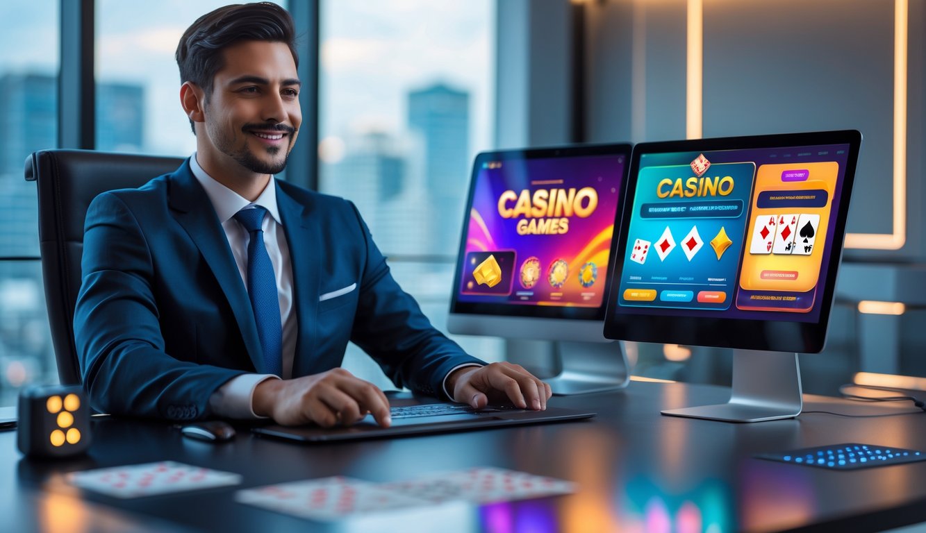 Seorang pebisnis percaya diri duduk di meja modern dengan perangkat digital menampilkan permainan kartu dan kasino, di kantor bergaya dengan pemandangan kota.