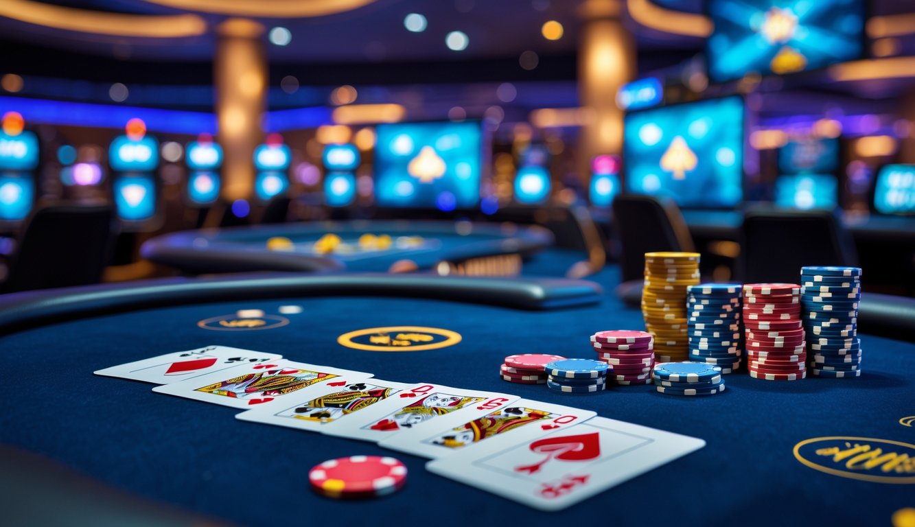 Meja permainan kartu digital di kasino modern dengan kartu dan chip poker yang tersusun rapi, latar belakang menampilkan lampu warna-warni dan layar dinamis.