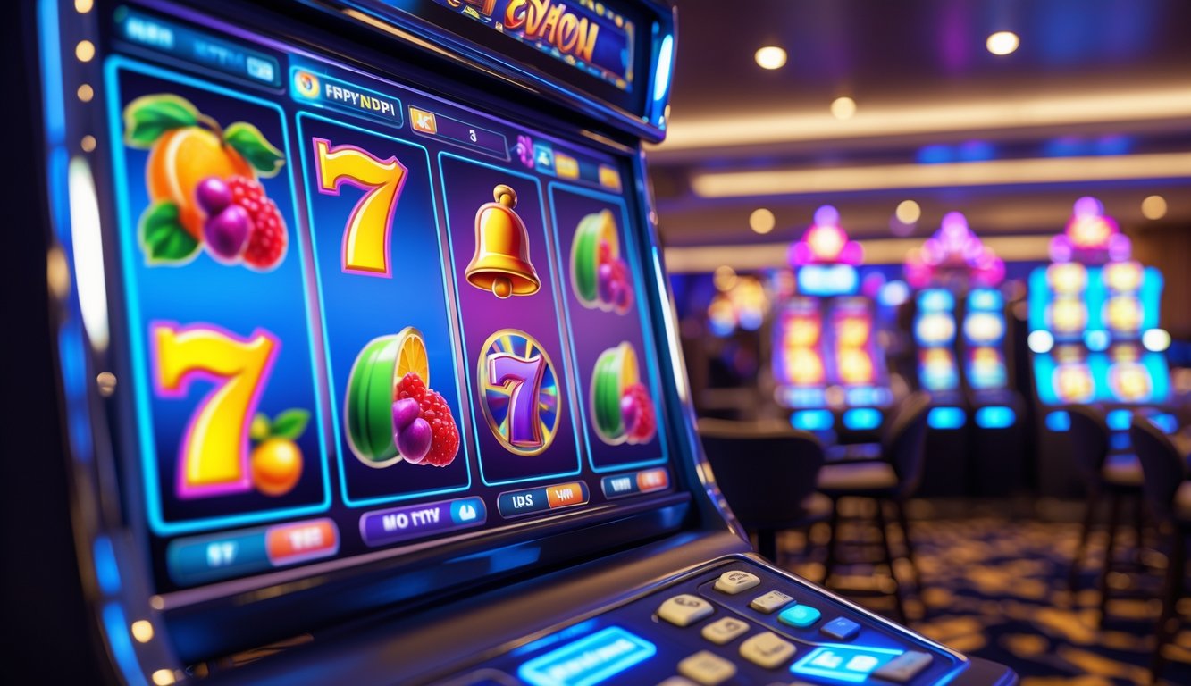 Tampilan antarmuka mesin slot digital berwarna-warni di latar belakang kasino modern yang remang-remang.