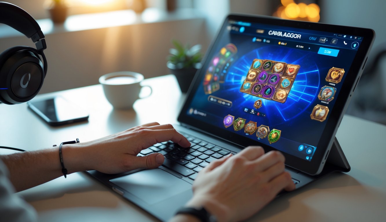 Seseorang sedang bermain permainan kartu online Capsa Gacor menggunakan laptop di meja kerja dengan suasana nyaman.