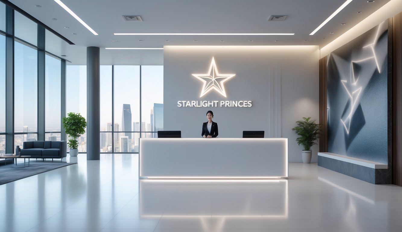 Area resepsionis kantor modern dengan penerangan alami, meja resepsionis putih, dan lukisan abstrak bertema bintang di dinding.