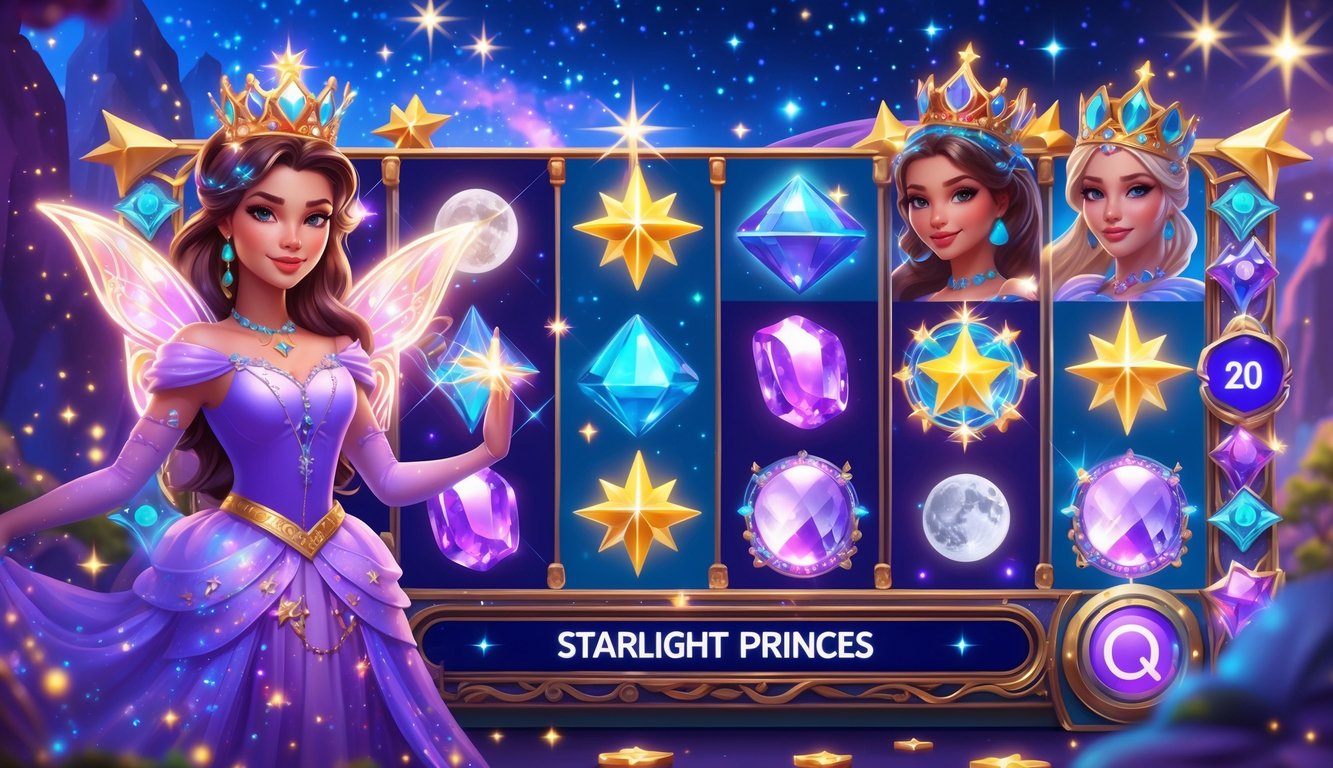 Mesin slot berwarna cerah dengan tema putri bintang dan simbol magis di latar belakang malam berbintang.