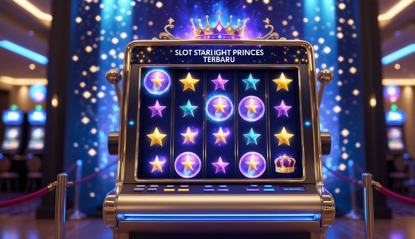 Mesin slot modern dengan simbol bintang dan mahkota di latar belakang langit malam bercahaya.