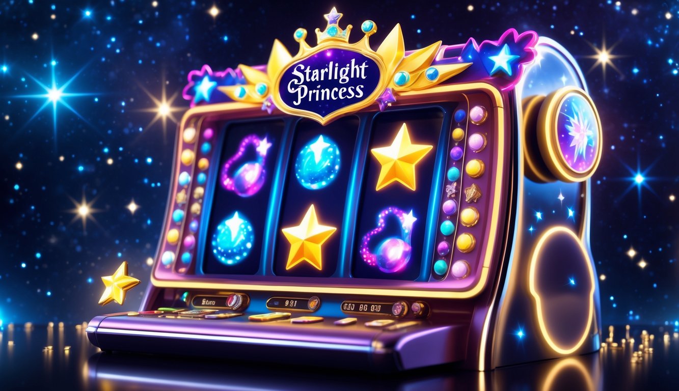 Mesin slot bertema putri bercahaya dengan simbol bintang dan mahkota di latar belakang luar angkasa yang gelap dan berbintang.