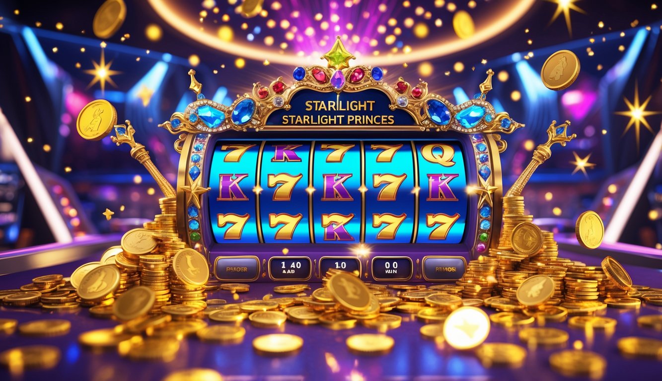 Mesin slot mewah dengan cahaya bintang dan koin emas yang berjatuhan, menciptakan suasana kemenangan jackpot besar.