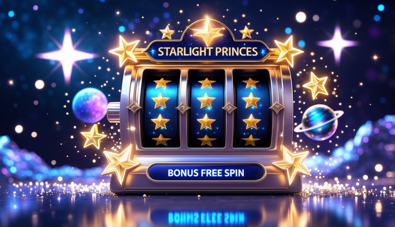 Mesin slot bertema bintang dengan cahaya berkilau dan latar belakang langit malam berbintang.