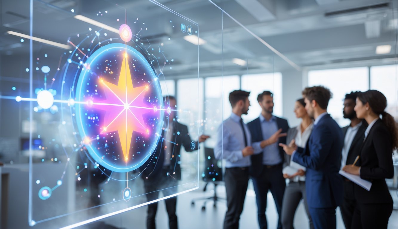 Sekelompok profesional muda sedang berdiskusi di kantor modern dengan layar digital besar menampilkan logo bercahaya dan elemen bintang.