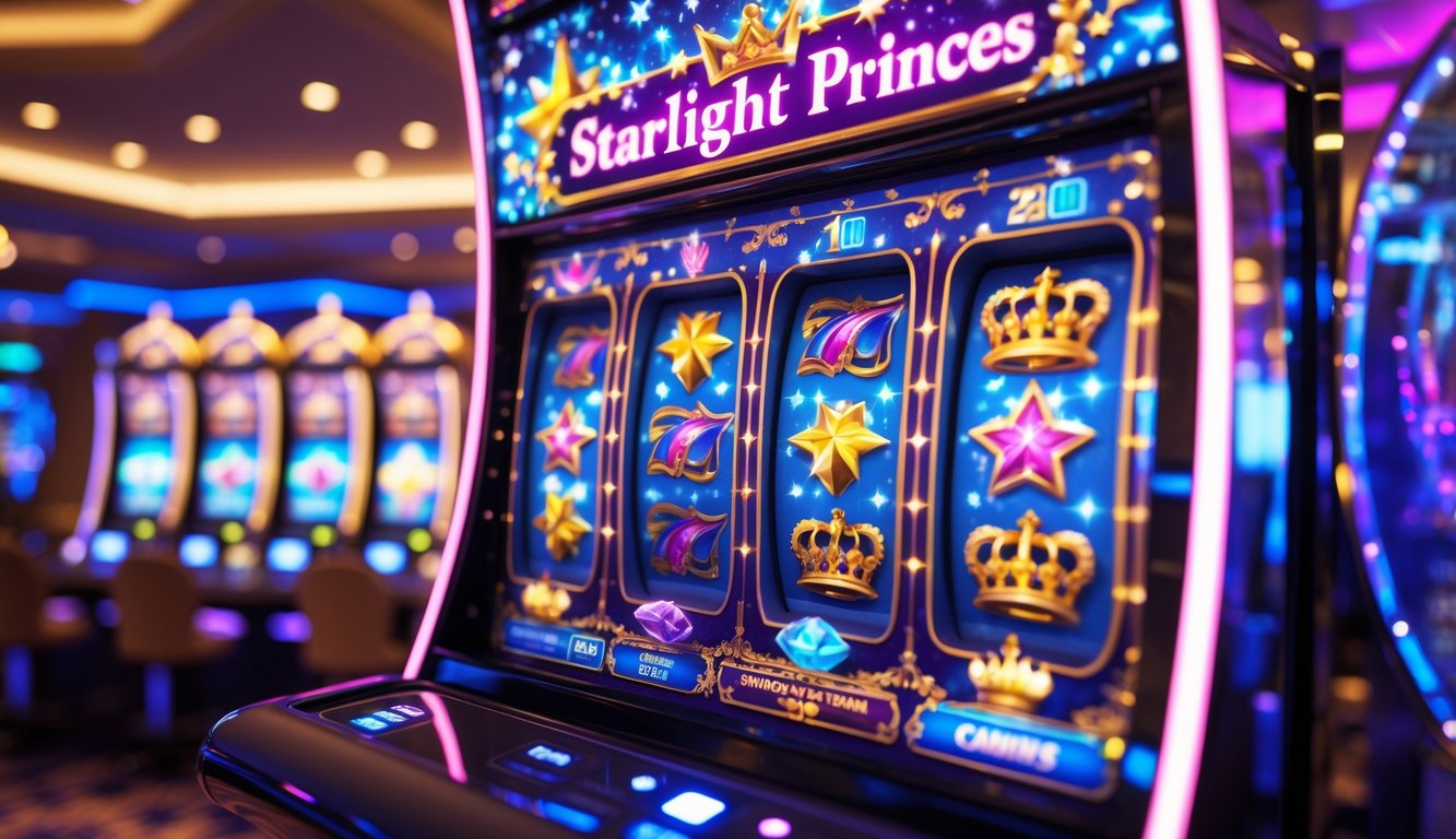 Mesin slot bertema pangeran bintang dengan lampu berkilauan dan simbol kerajaan di dalam kasino mewah.