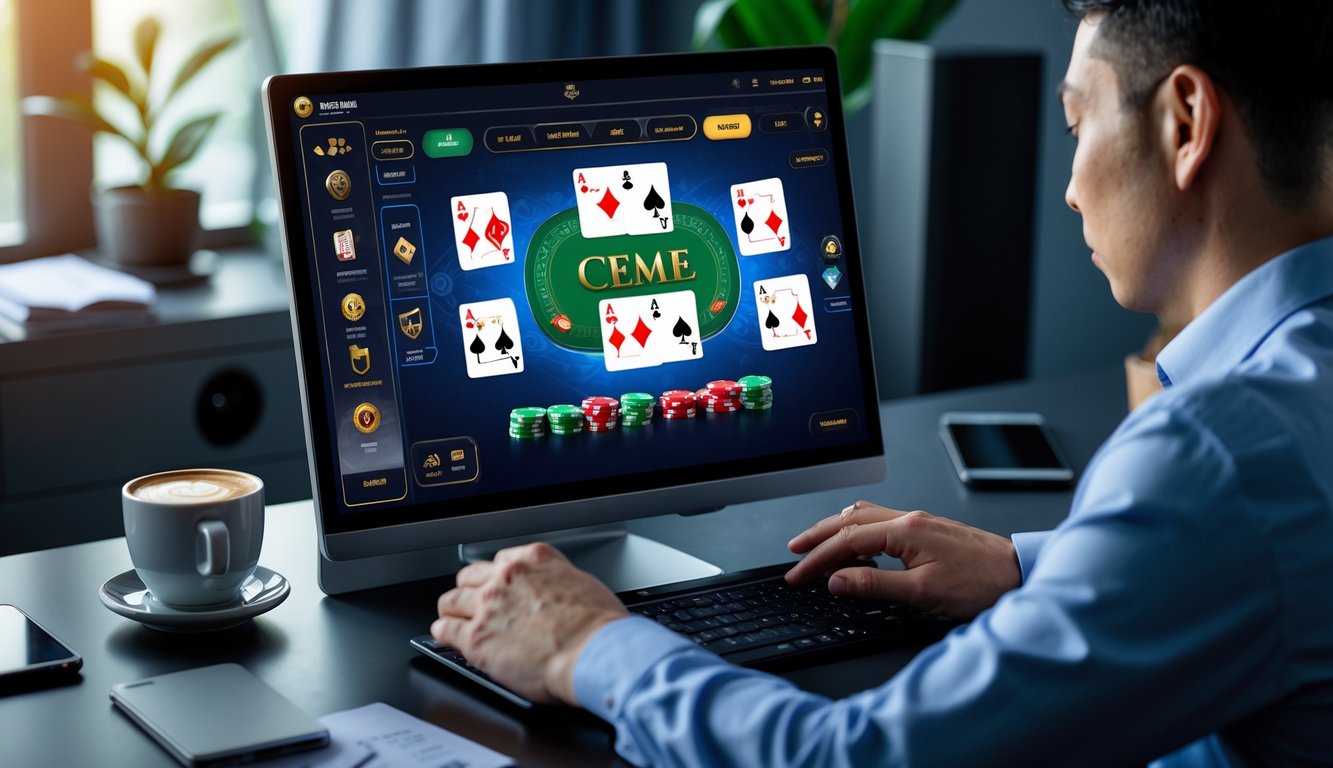 Seorang pemain dewasa sedang bermain permainan kartu Ceme secara online di depan komputer di ruangan yang nyaman dan terang.