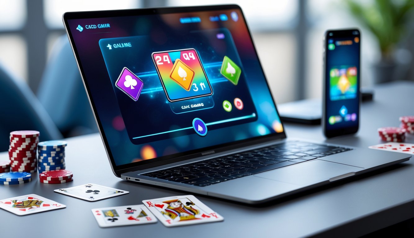 Seorang pengguna duduk di depan laptop dengan tampilan permainan kartu digital dan beberapa chip poker di meja.