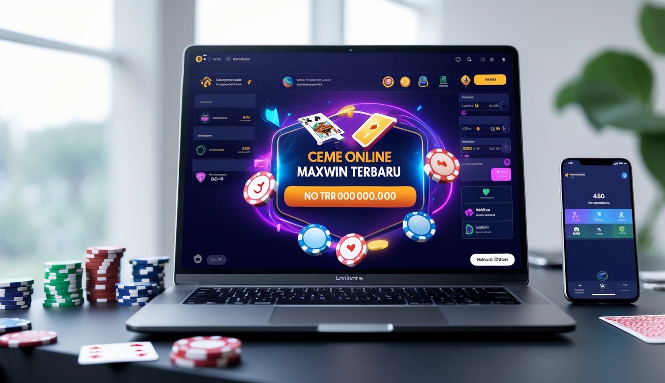 Seseorang bermain game kartu online di depan komputer dengan suasana ruang kerja yang rapi dan peralatan permainan di sekitarnya.