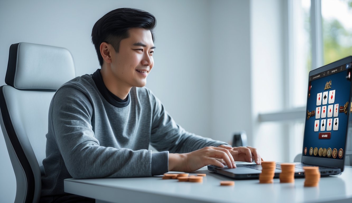 Seorang dewasa muda duduk di depan laptop bermain permainan kartu online dengan ekspresi fokus dan senang.