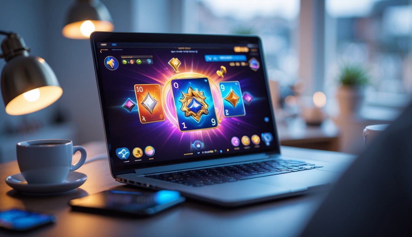 Seseorang menggunakan laptop dengan tampilan permainan kartu digital di meja kerja yang rapi.