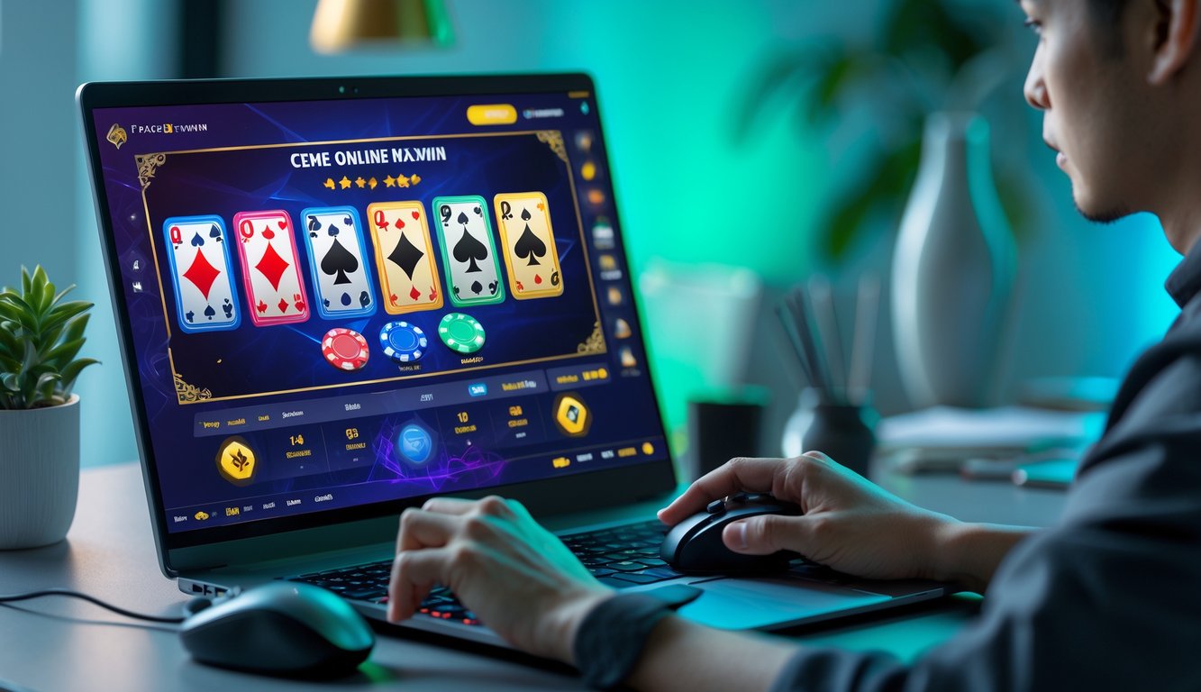 Seorang pemain muda sedang menggunakan laptop dengan tampilan permainan kartu digital di meja yang rapi dan terang.