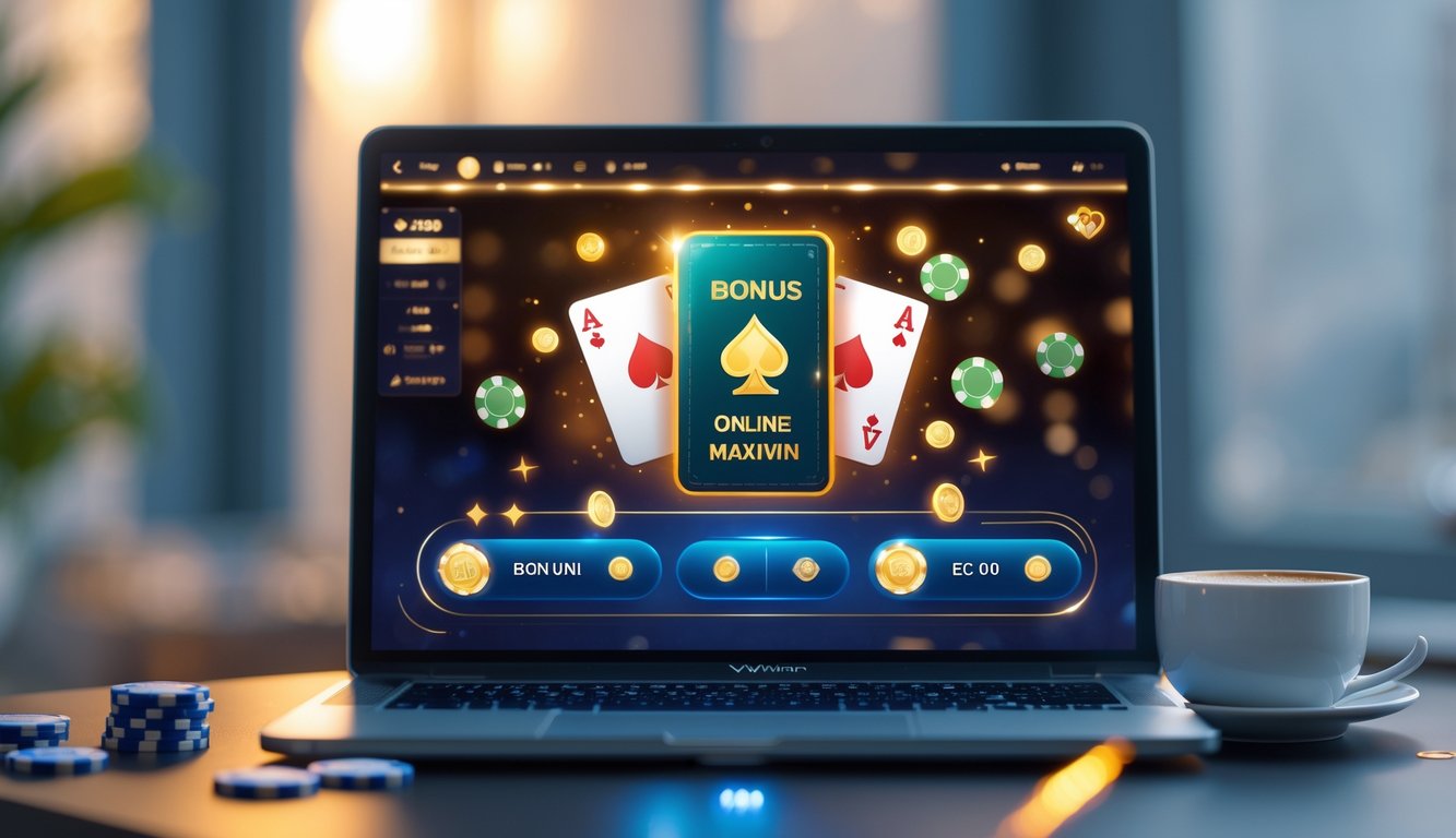 Layar komputer menampilkan permainan kartu online dengan chip poker di meja dan secangkir kopi di sampingnya.
