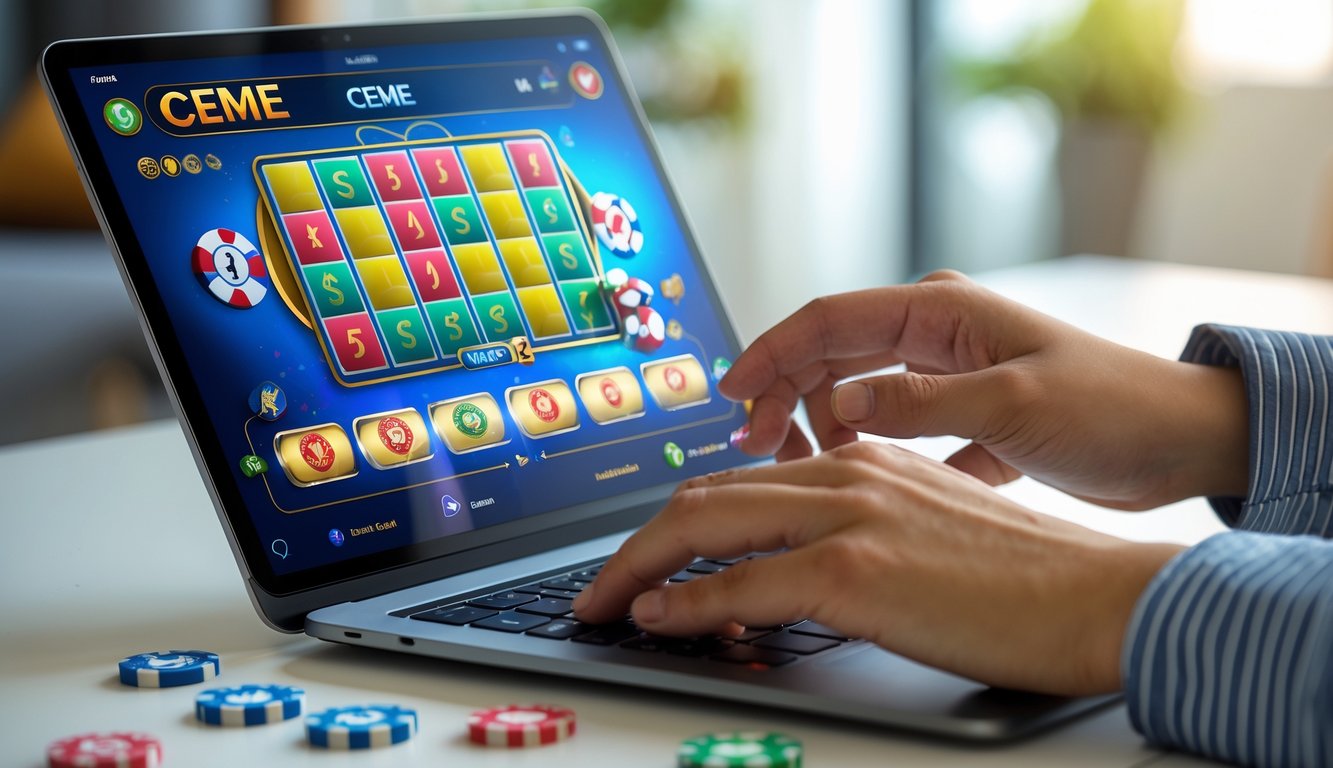 Seseorang menggunakan laptop untuk bermain permainan Ceme online dengan tampilan domino dan chip taruhan di layar.