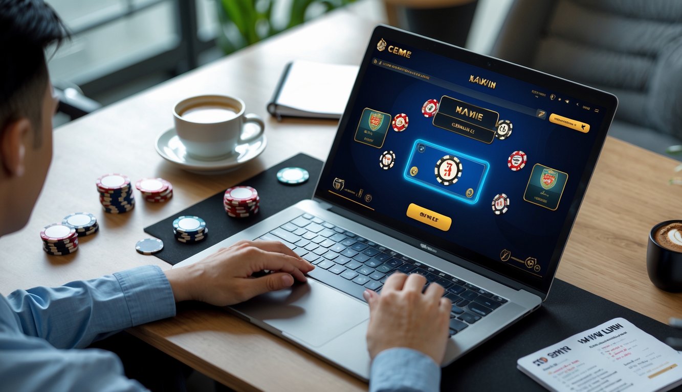 Seorang pemain sedang menggunakan laptop dan smartphone untuk bermain permainan kartu online dengan chip poker di meja.