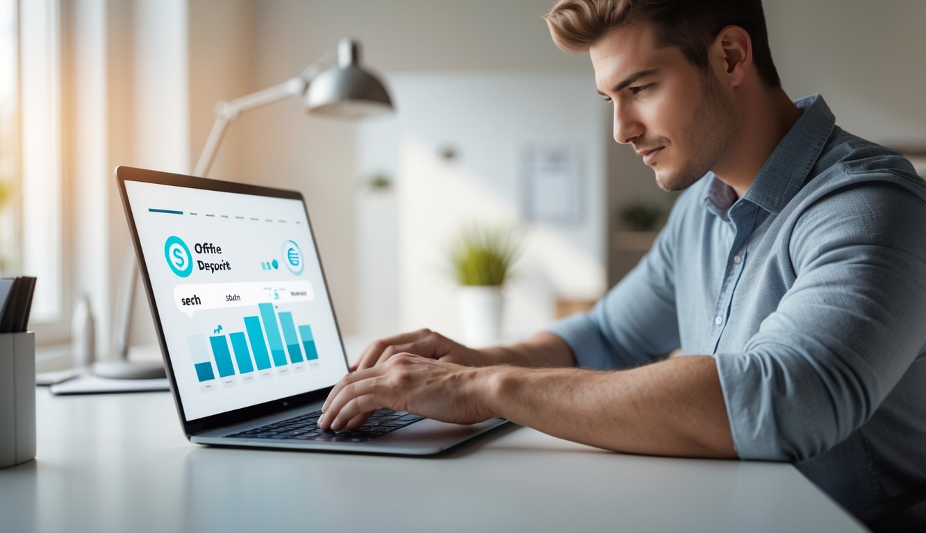 Seseorang menggunakan laptop di meja kerja dengan suasana kantor rumah yang terang dan minimalis, menggambarkan transaksi keuangan online yang cepat.