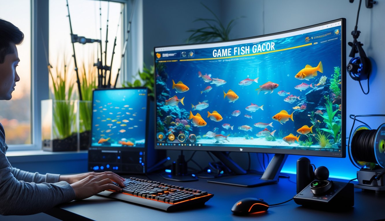 Seorang pemain game sedang bermain permainan memancing di komputer dengan layar besar yang menampilkan ikan-ikan berwarna-warni yang bergerak di dalam permainan.