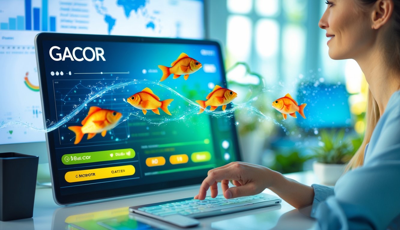 Seseorang menggunakan antarmuka digital dengan gambar ikan berwarna-warni yang bergerak di layar, menunjukkan suasana permainan ikan yang terpercaya dan sukses.