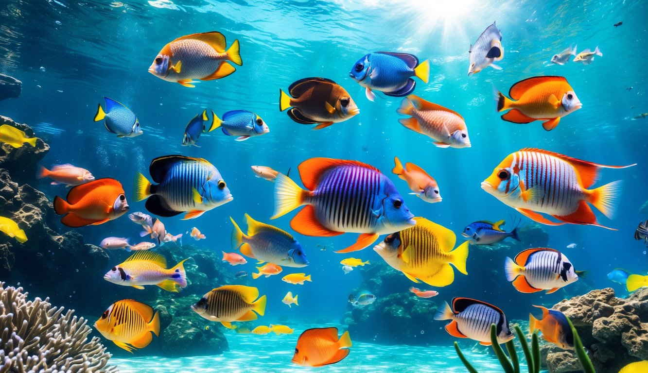Berbagai ikan tropis berwarna-warni berenang di air jernih dengan terumbu karang dan tanaman bawah laut di latar belakang.