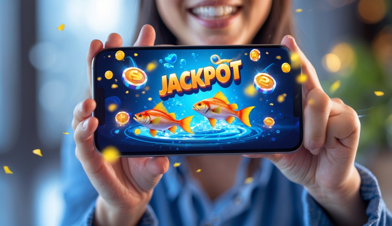 Seseorang memegang ponsel yang menampilkan permainan ikan jackpot dengan animasi ikan dan simbol jackpot yang berwarna-warni.
