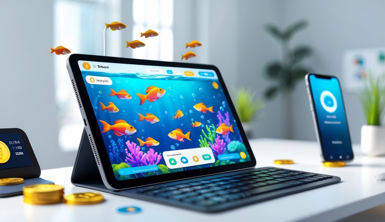 Sebuah perangkat digital menampilkan permainan ikan yang hidup dengan latar belakang elemen pembayaran digital di meja kerja yang rapi.