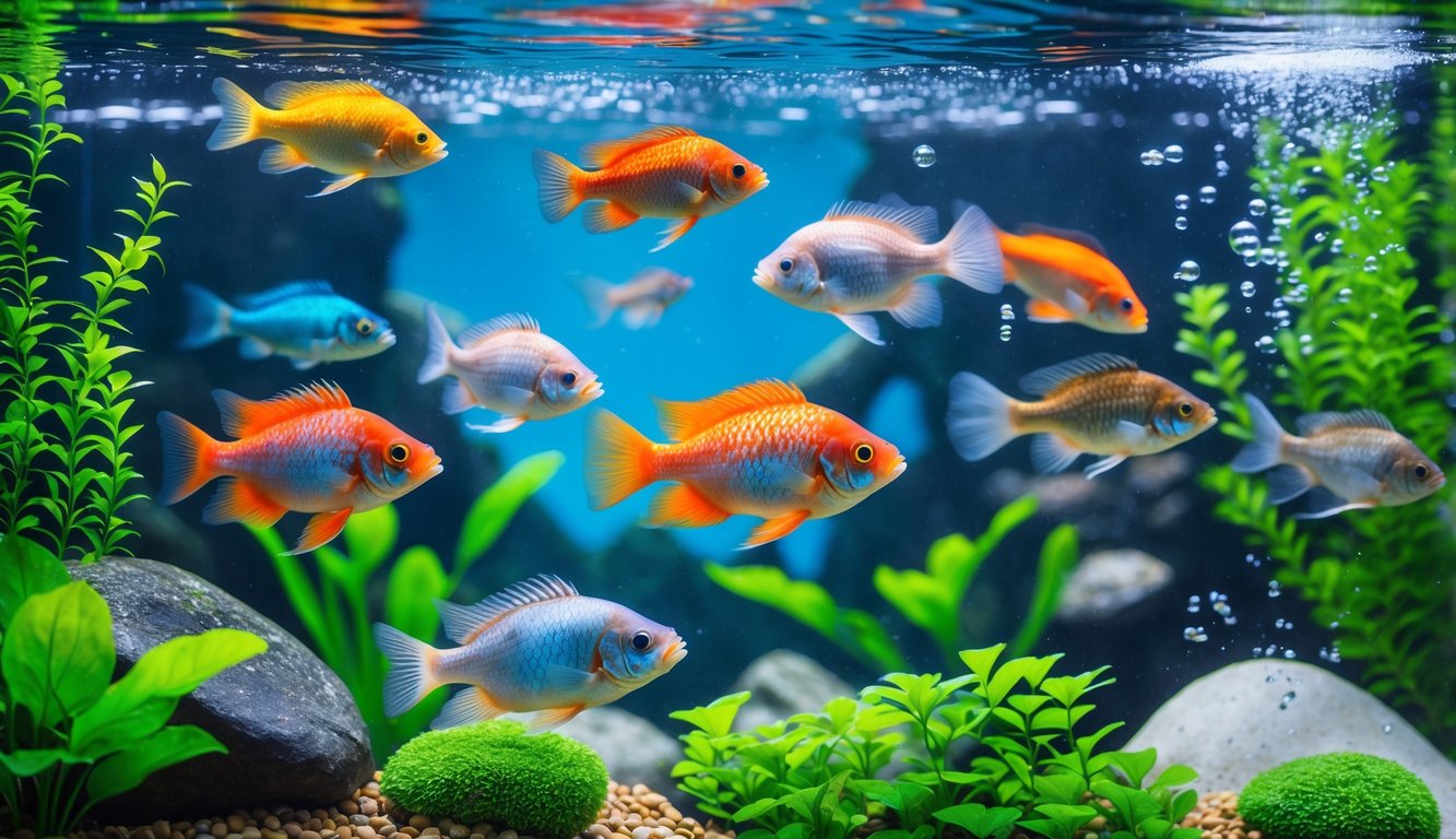 Akuarium dengan ikan berwarna-warni yang berenang di antara tanaman air hijau dan batu-batu halus.