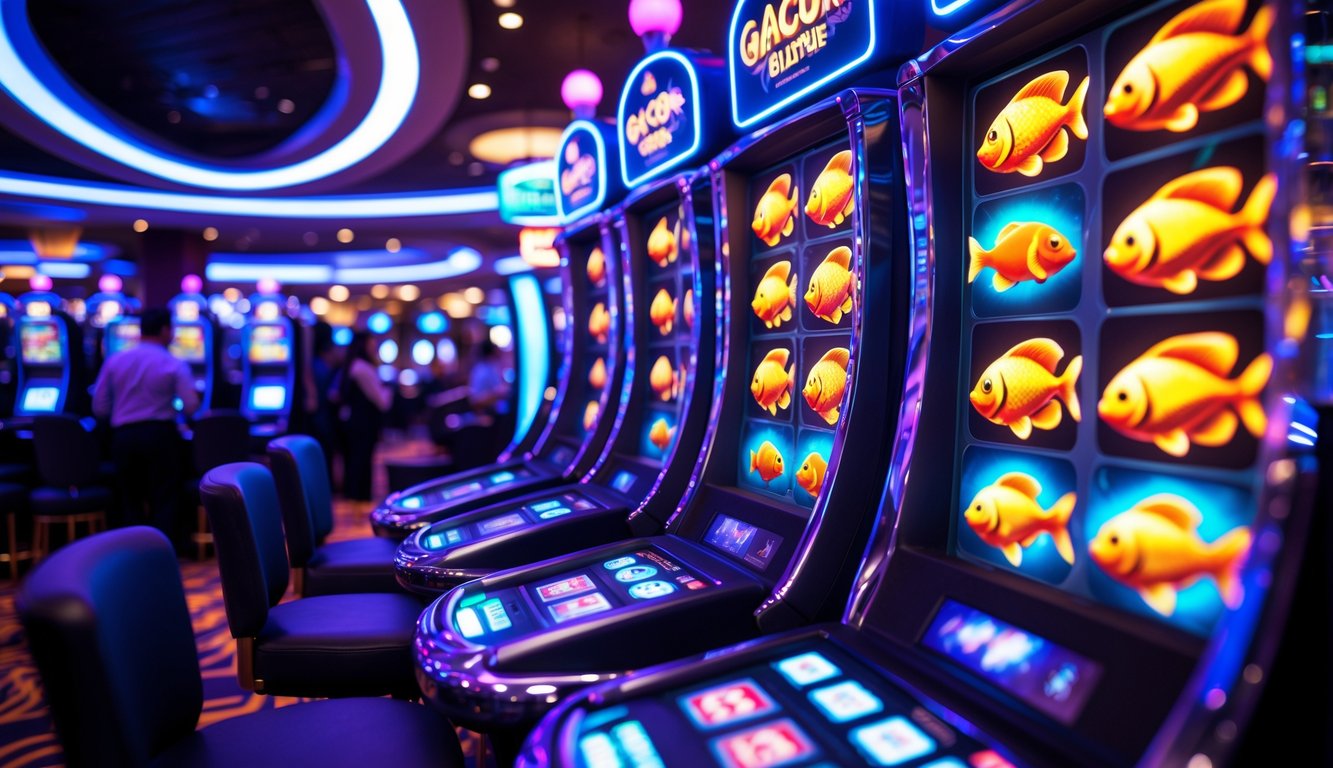 Area mesin slot ikan yang terang dengan layar digital menampilkan simbol ikan yang berputar dan suasana kasino yang ramai.