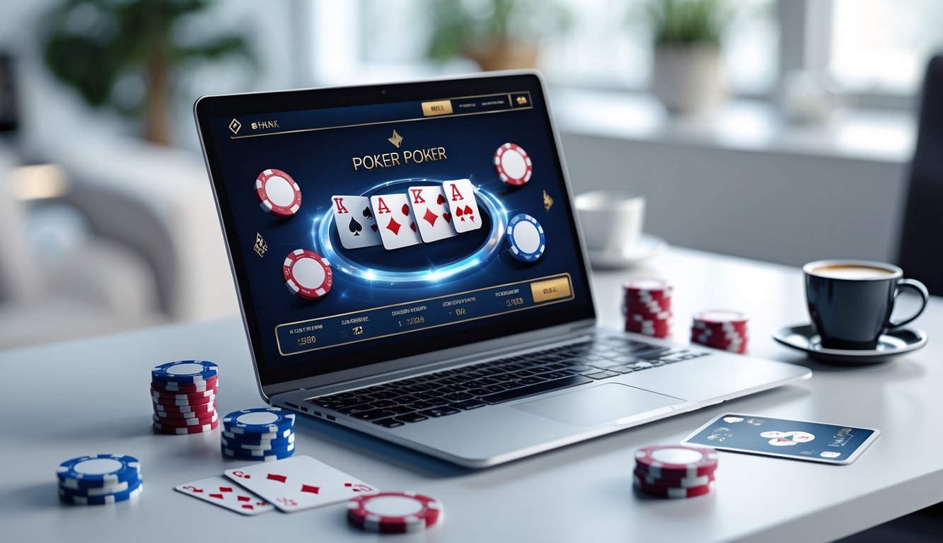 Sebuah ruang kerja modern dengan laptop yang menampilkan permainan poker, dikelilingi oleh chip poker dan kartu remi.