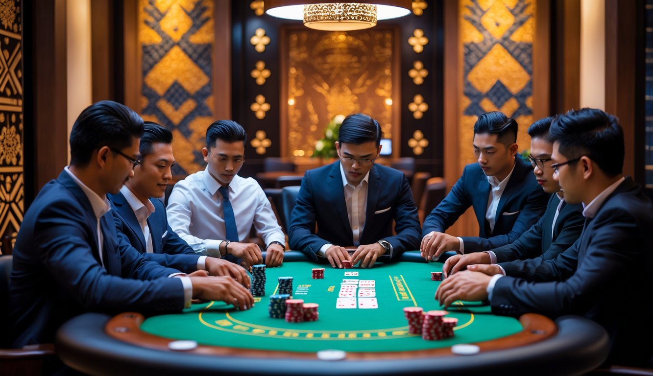 Sekelompok pemain poker sedang bermain di meja poker di dalam ruangan dengan dekorasi tradisional Indonesia.