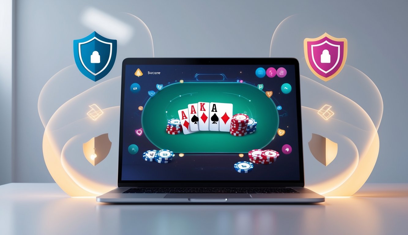 Sebuah komputer menampilkan permainan poker online dengan simbol keamanan di sekitarnya.