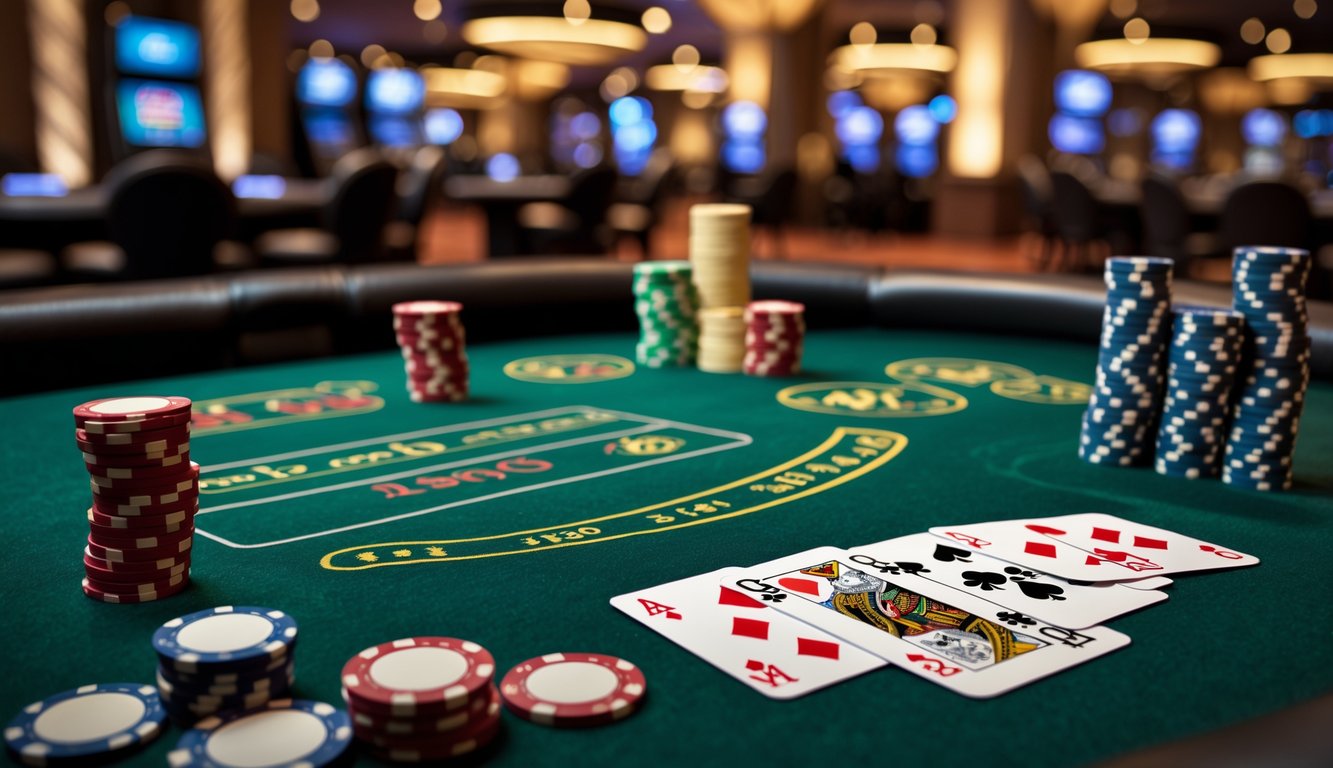 Meja poker kasino modern dengan chip dan kartu yang tertata rapi di dalam ruangan kasino yang hangat dan elegan.