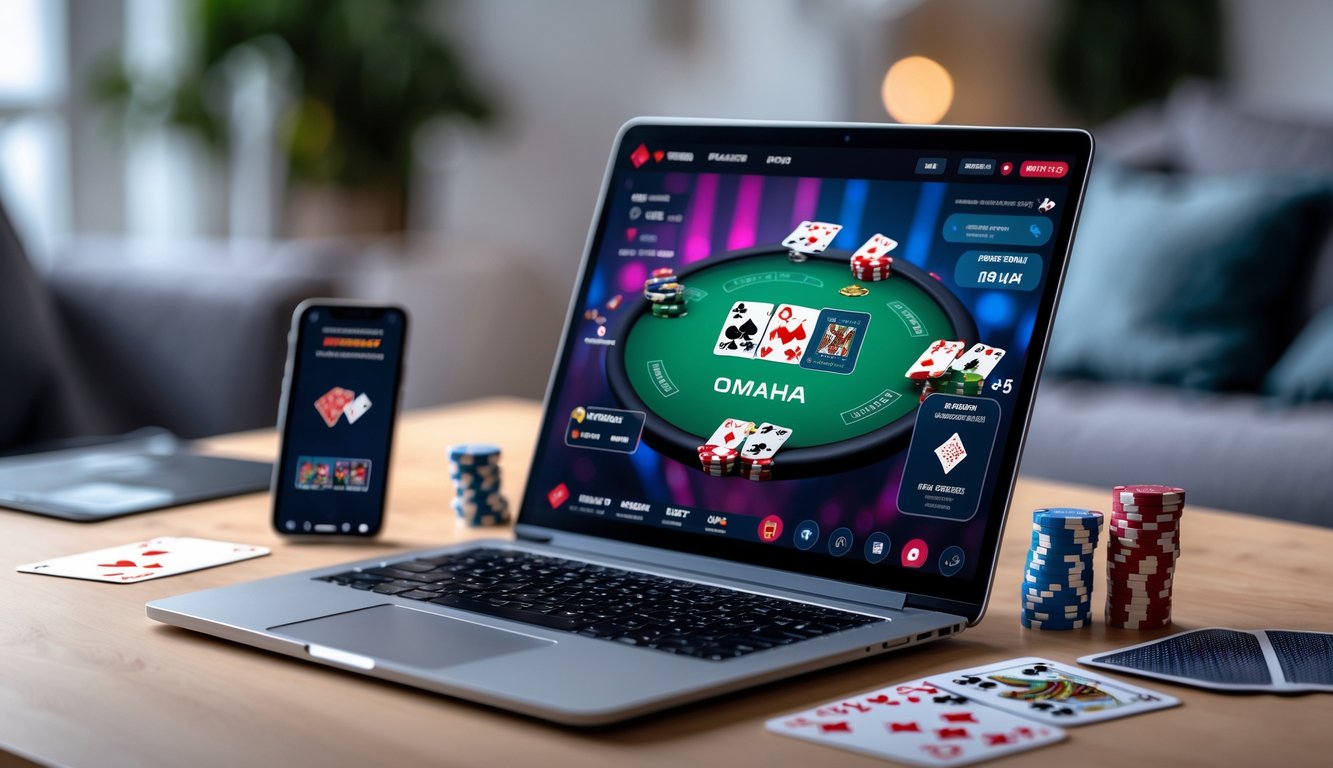 Seorang pemain sedang bermain poker Omaha online di depan laptop dengan kartu dan chip poker di meja.