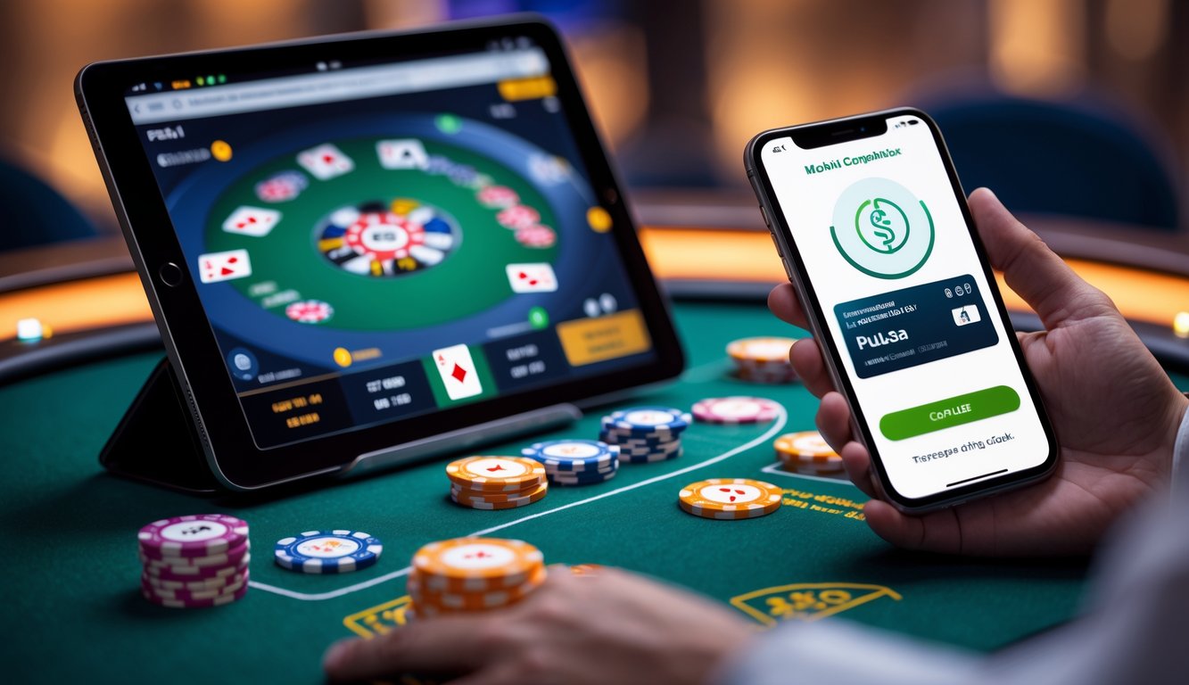 Seseorang menggunakan smartphone untuk melakukan deposit pulsa saat bermain poker online dengan tablet di meja.