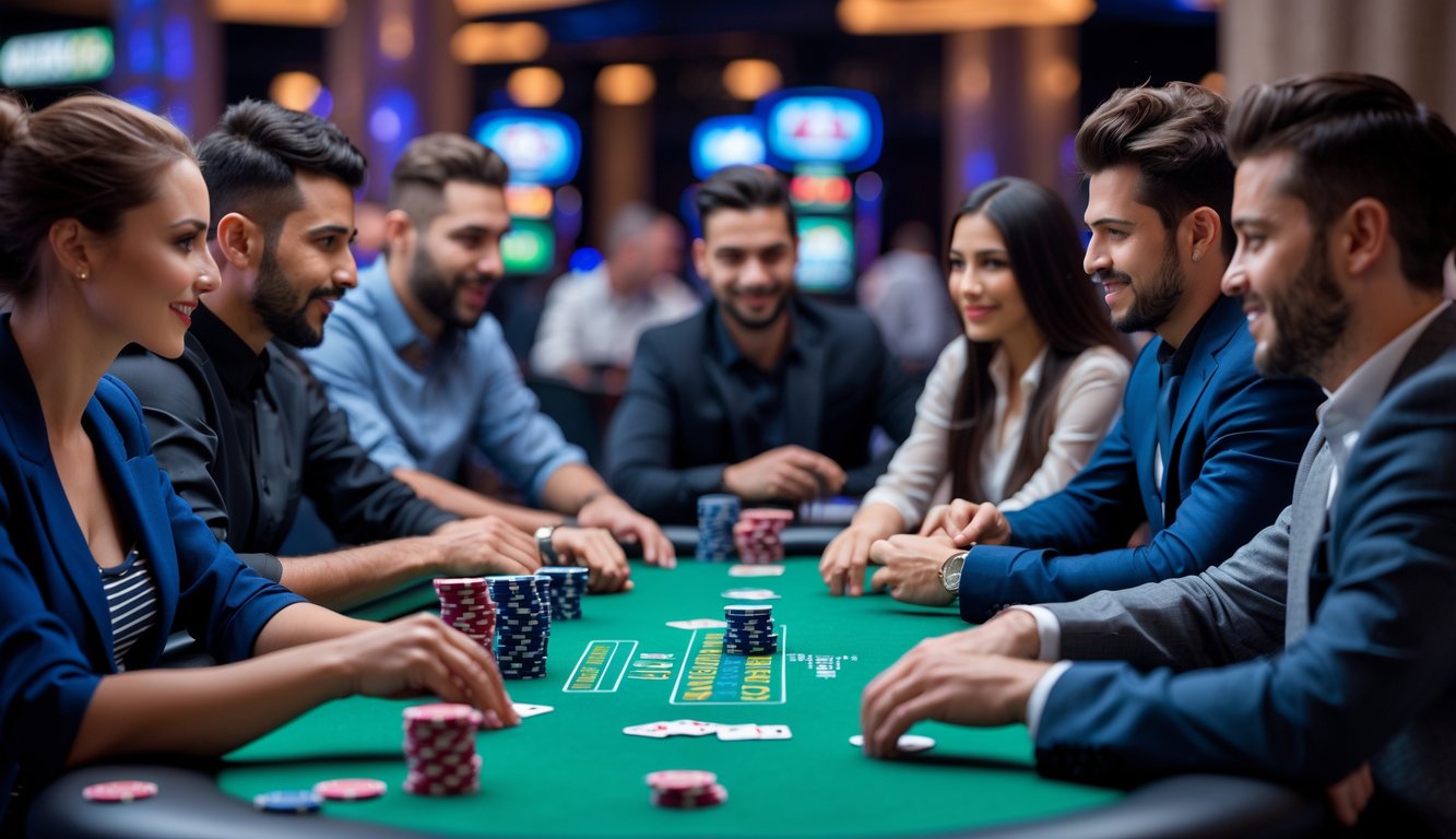 Beberapa pemain poker sedang bermain di meja hijau di dalam kasino yang terang dan modern.