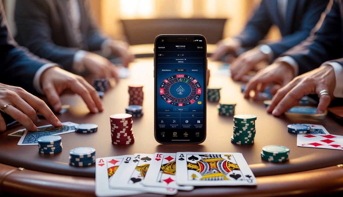 Meja poker dengan chip dan kartu bermain serta ponsel yang menampilkan permainan poker digital.