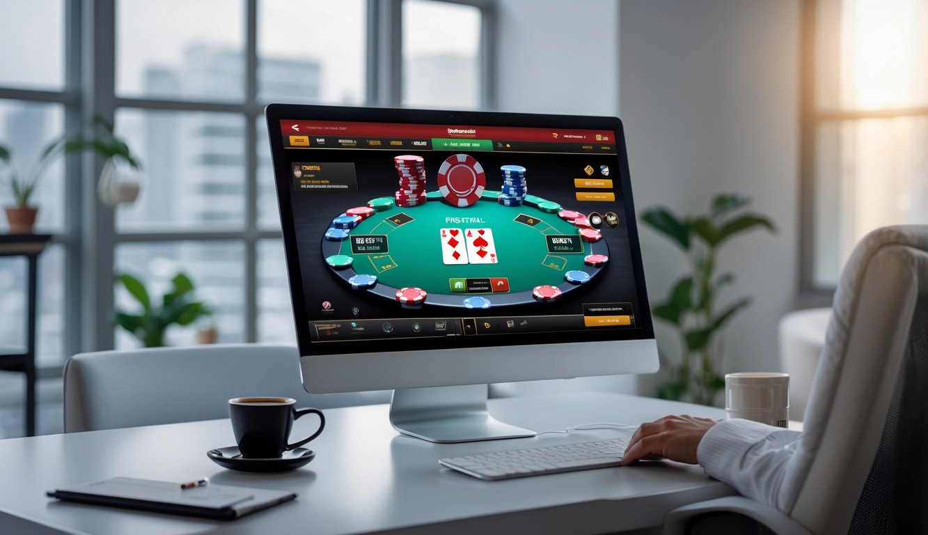 Seorang pemain sedang bermain poker online di depan komputer dengan chip dan kartu poker terlihat di layar.