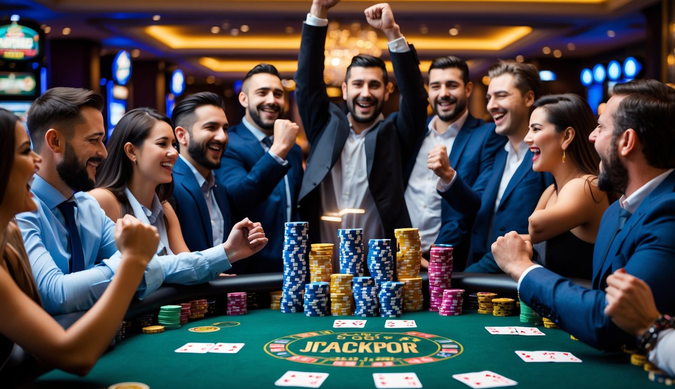 Sejumlah pemain poker merayakan kemenangan jackpot besar di meja poker di dalam kasino.