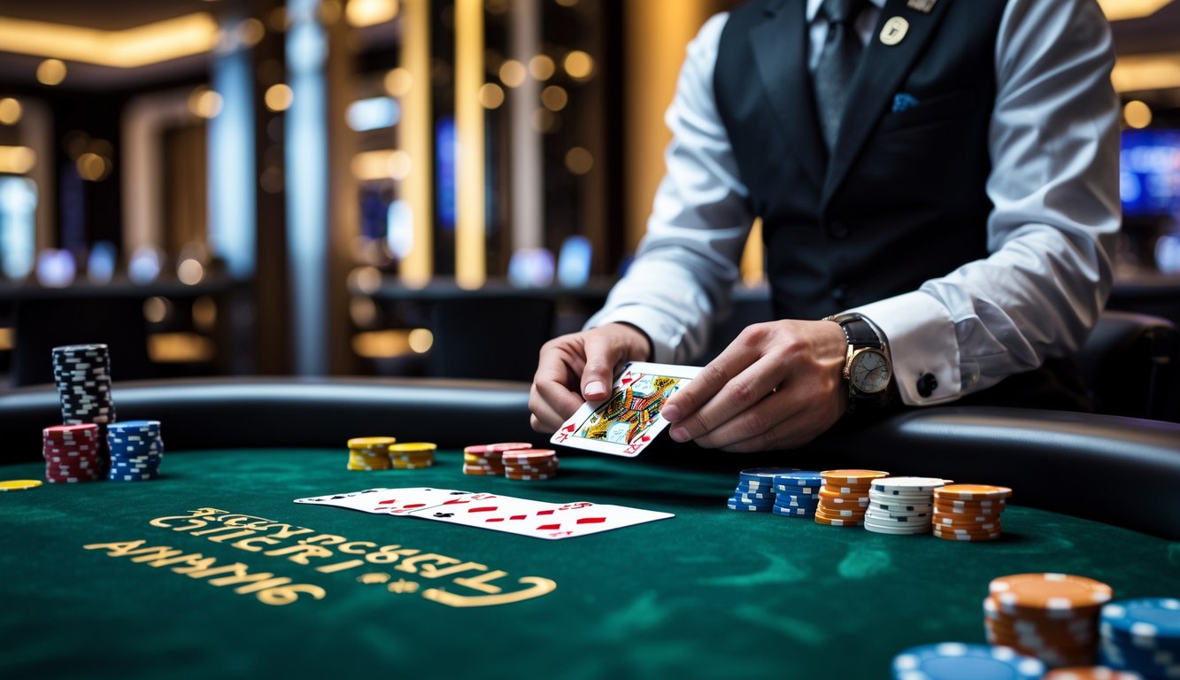 Meja poker dengan chip dan kartu, dealer berpakaian rapi sedang membagikan kartu di dalam ruangan kasino yang mewah.