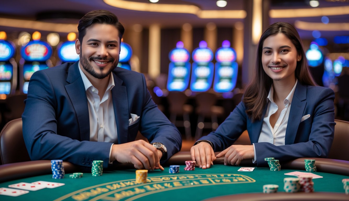 Seorang pria dan wanita duduk di meja poker di kasino modern, tersenyum dan fokus bermain kartu.