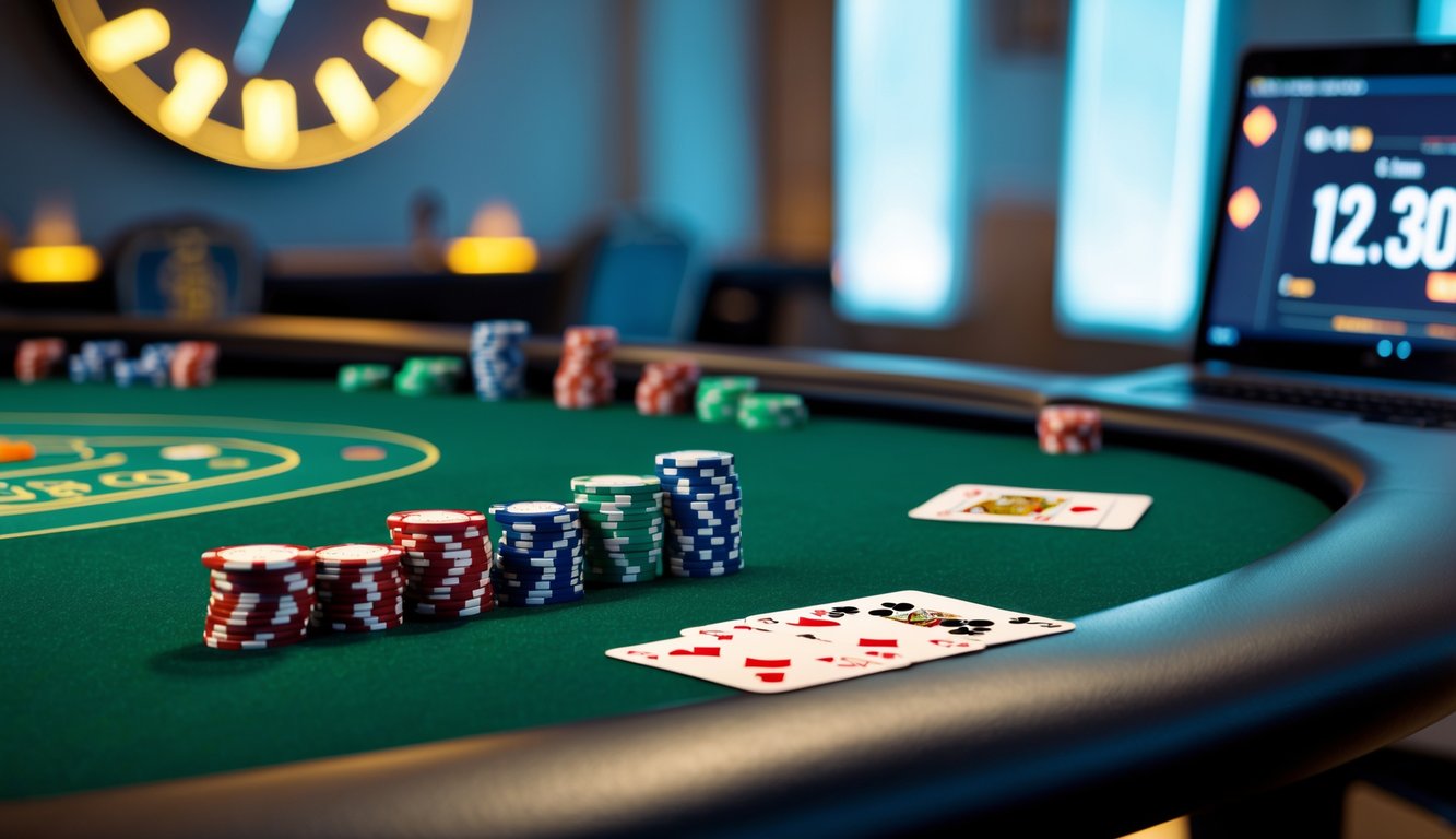Meja poker modern dengan chip dan kartu, di latar belakang jam digital yang menunjukkan waktu.