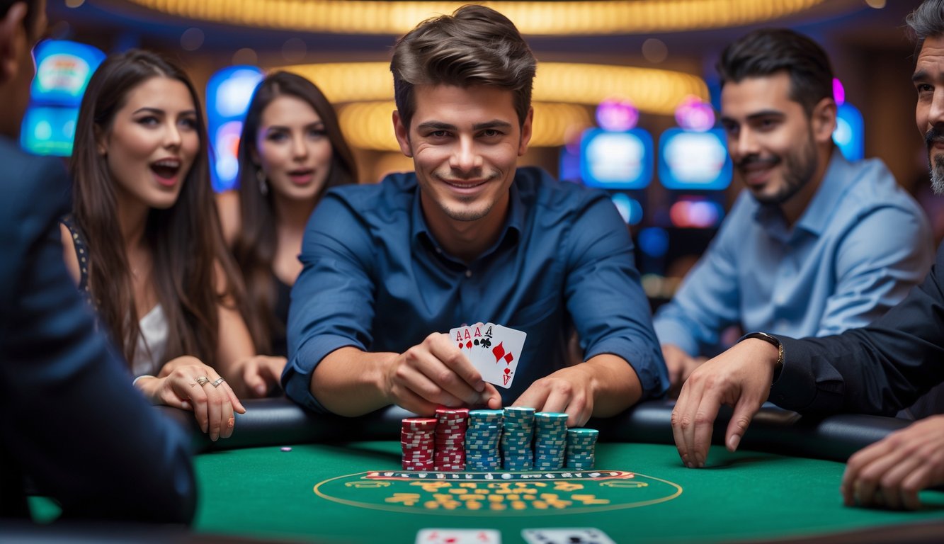 Seorang pemain poker menang di meja Omaha dengan ekspresi percaya diri dan tumpukan chip besar di depan.