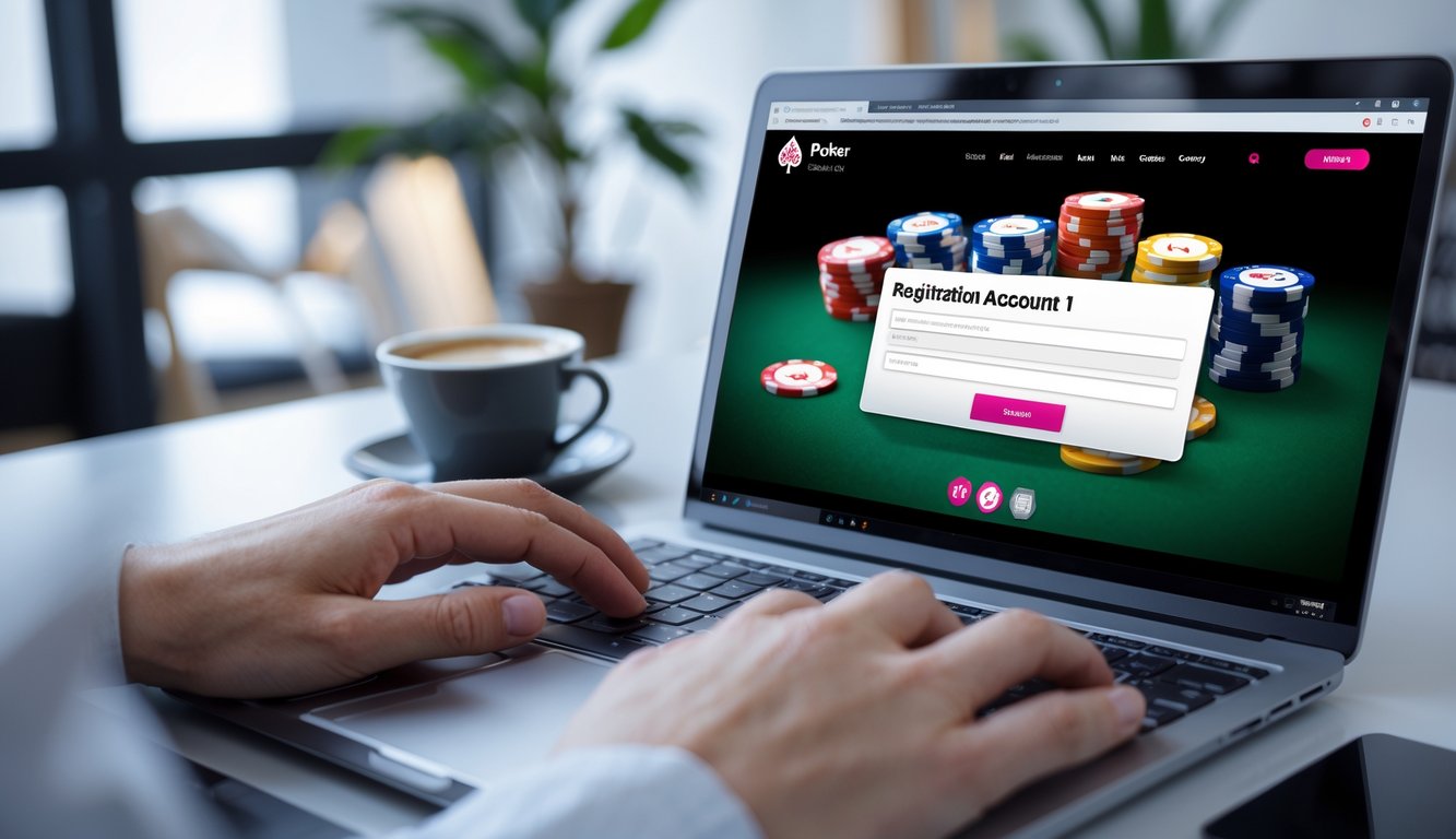 Seseorang sedang mendaftar akun poker secara online menggunakan laptop di meja kerja yang rapi.